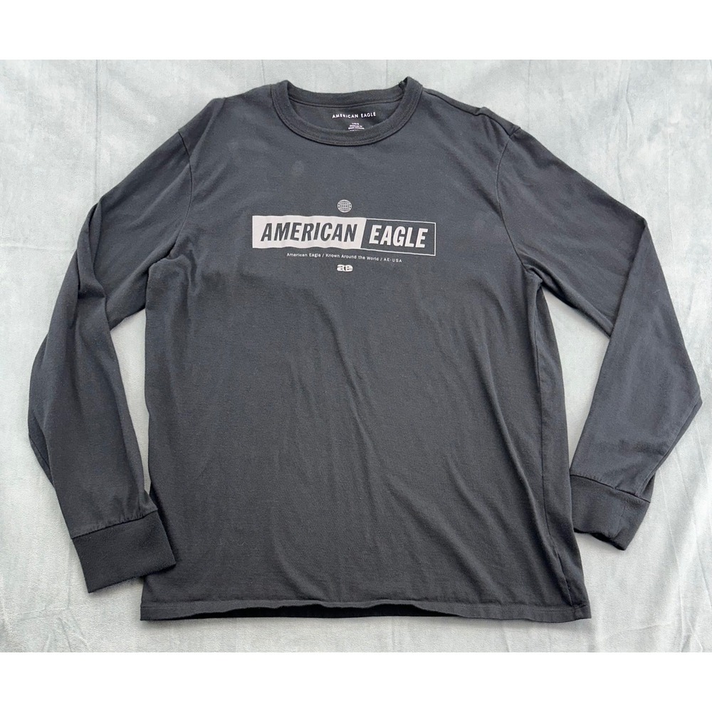 American Eagle Mens Long Sleeve Graphic TShirt Black Casual Standard Fit L